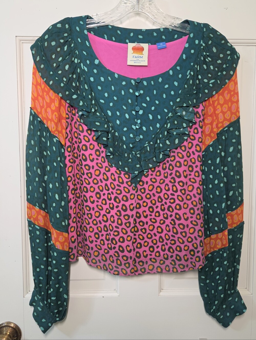 Farm Rio Colorful Patchwork Leopard Print Ruffle Top, Size XS - Picture 3 of 11